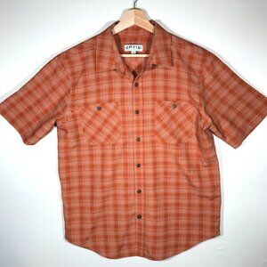 Orvis Men's Medium Orange Plaid Short Sleeve Button Up Shirt